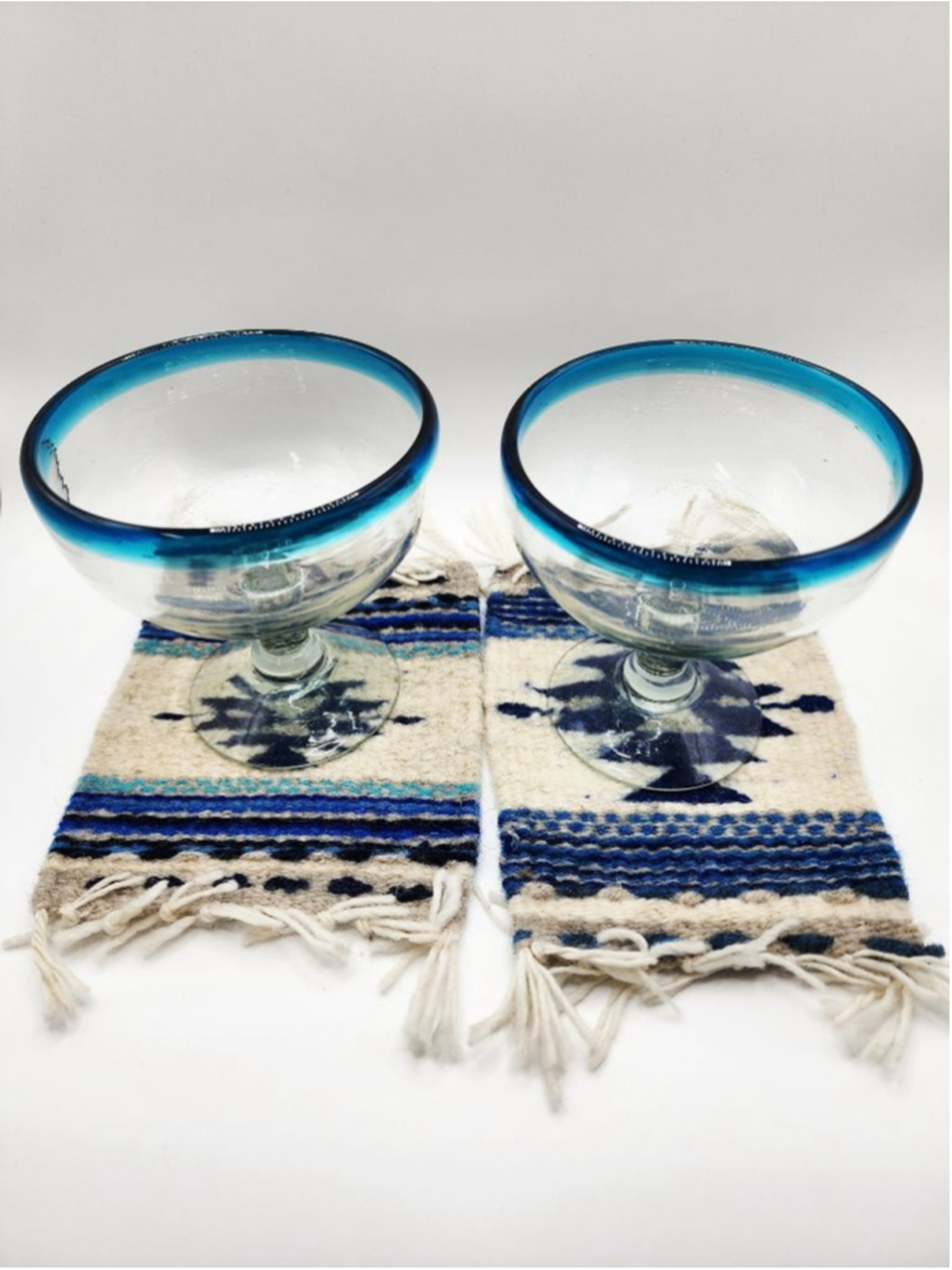 Handmade Drinkware Clear Blue Margarita Glasses & Handmade Coasters Set